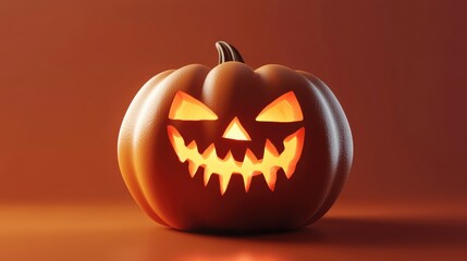 A grinning 3D cartoon jack-o-lantern glowing eerily against a deep orange backdrop, the light inside flickering with a sinister charm.