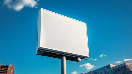 Fototapeta premium Contemporary city skyline showcasing a modern white square billboard positioned on a pole beneath a bright clear blue sky.