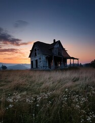 Abandoned farmhouse in spooky meadow 