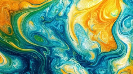 Eye-catching abstract design featuring a rich, colorful marble texture characterized by swirling patterns in shades of blue, green, yellow, and orange.