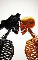 Obraz premium Two skeletons face each other, one black and one gold, symbolizing opposing forces, Halloween concept.