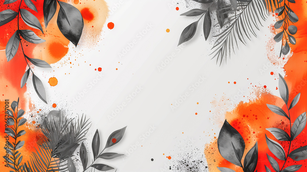 Poster abstract botanical frame with black leaves and orange splashes..