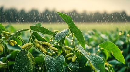 On a serene, misty day, fresh green soybeans are adorned with rain droplets, showcasing a tranquil agricultural setting.