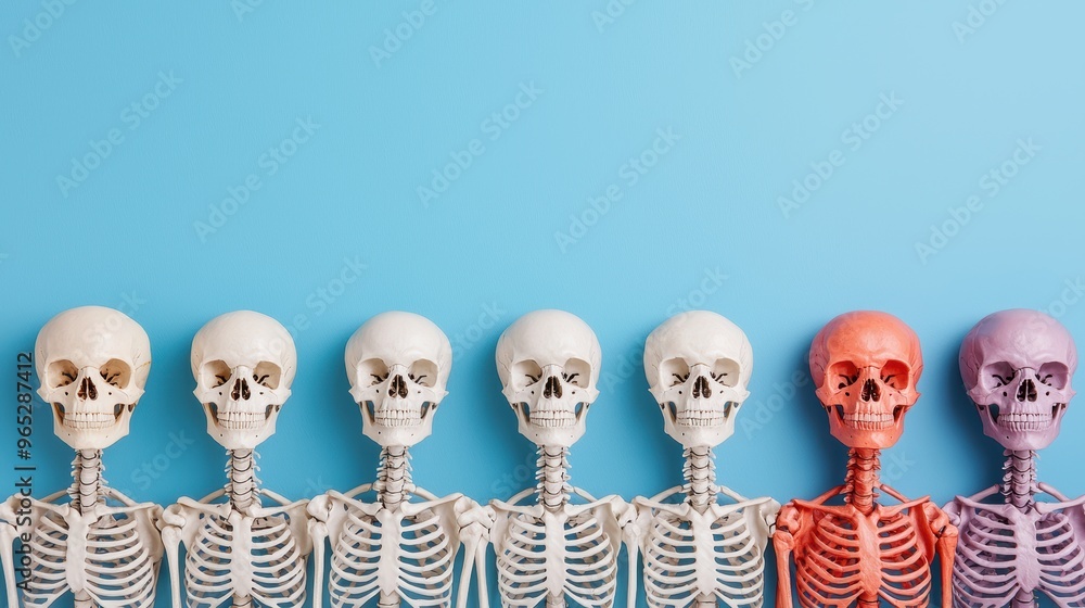 Poster evolving personal growth: skeletons as symbols with copy space for text 8k high detail visualization