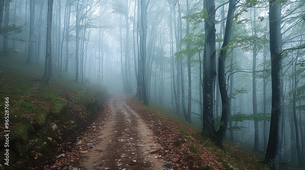 Poster The trails in the forest fog. Mist forest trails in fog realistic daylight. Generative AI.