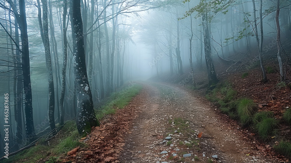 Poster The trails in the forest fog. Mist forest trails in fog realistic daylight. Generative AI.