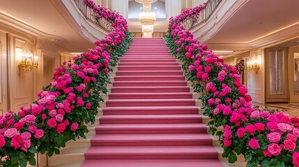 Luxurious Grand Staircase Decor: Vibrant Pink Roses & Soft Carpeting - Perfect for Sport Interior Posters & Elegant Home Aesthetics