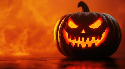Fototapeta premium A sinister 3D jack-o-lantern glowing eerily, its evil grin illuminated against a deep orange backdrop, perfect for a haunting vibe.