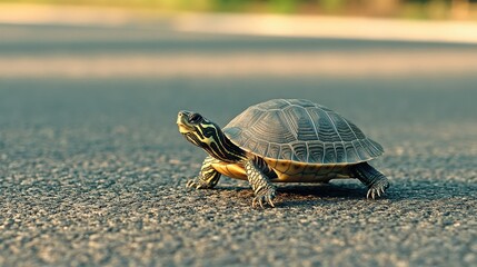 Obraz premium A small turtle crossing an asphalt road, with the texture of the pavement and the slow pace of the turtle highlighted.