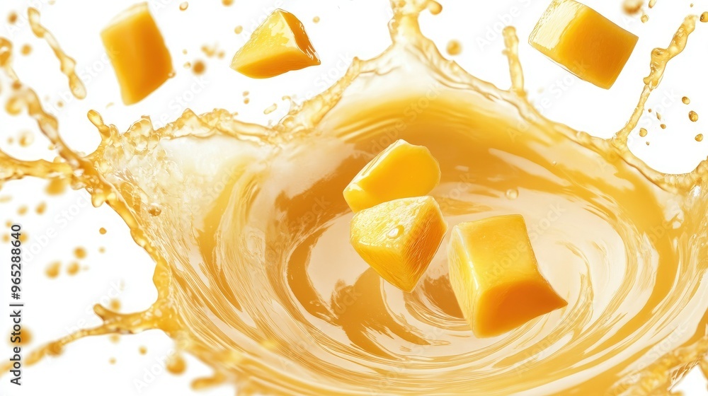 Poster a swirling mango juice splash with floating mango slices, creating a dynamic circular motion on a wh