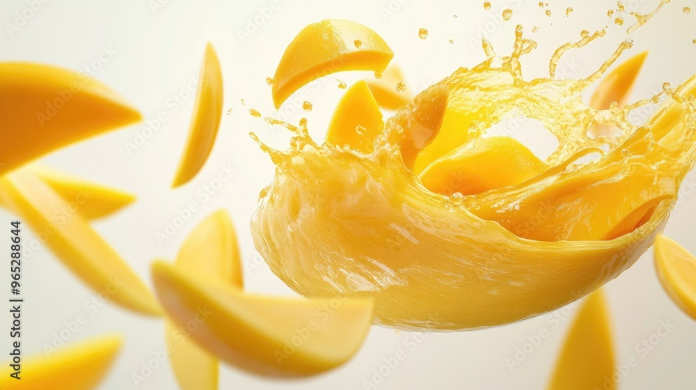 Poster a swirling mango juice splash with floating mango slices, creating a dynamic circular motion on a wh