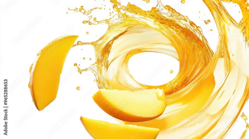 Poster a swirling mango juice splash with floating mango slices, creating a dynamic circular motion on a wh