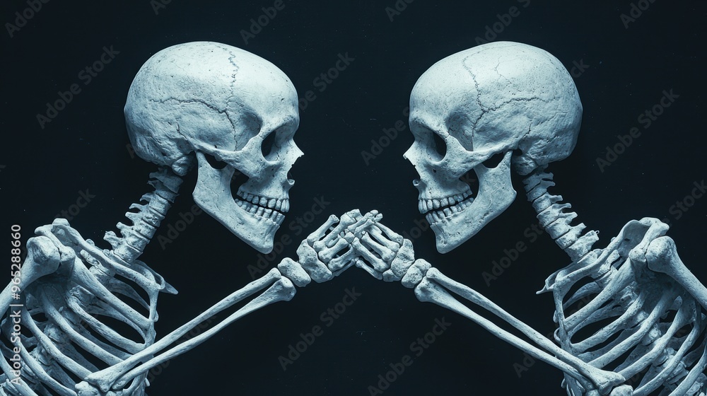 Poster ethereal illustration of life and death: skeletons symbolizing the intertwining of existence - high 