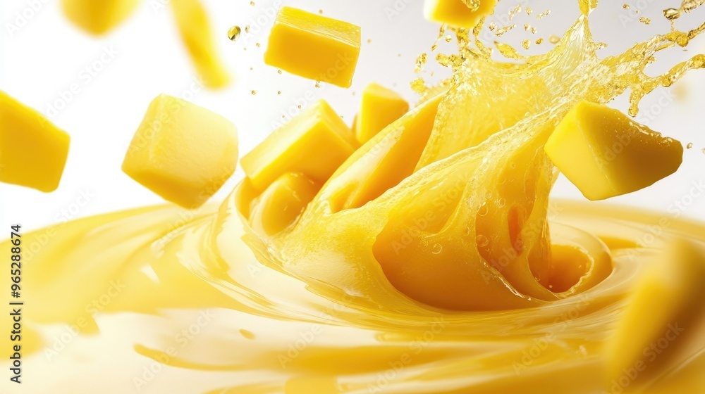Poster a swirling mango juice splash with floating mango slices, creating a dynamic circular motion on a wh