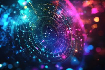 Obraz premium digital astrology chart, illuminated by a celestial backdrop and filled with zodiac symbols and planetary alignments with copy space. Ideal for astrology, technology, and divination themes.