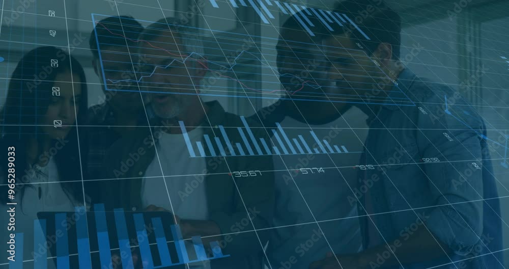 Poster animation of financial data processing over diverse colleagues discussing work in office