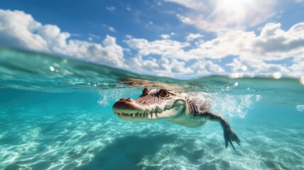 Fototapeta premium A crocodile swimming energetically in a clear sea, capturing its powerful movement.