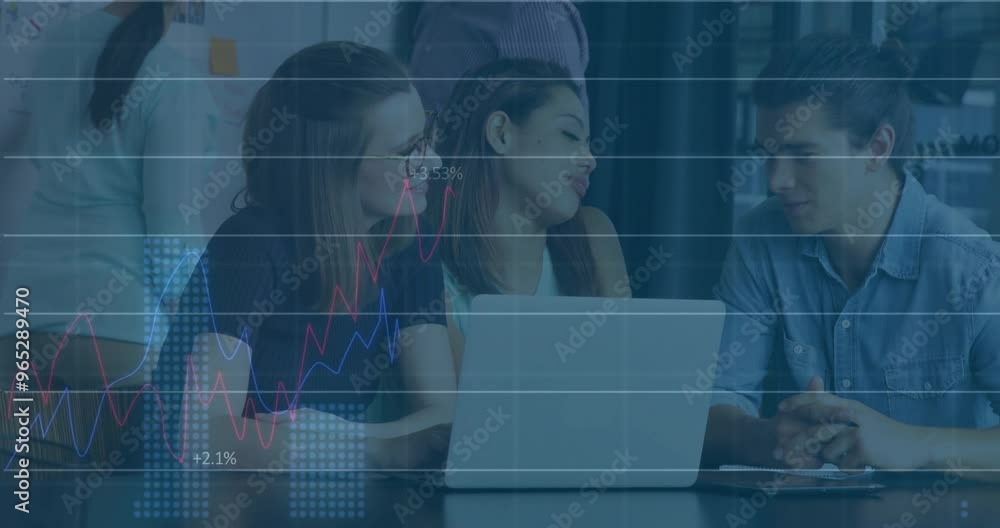 Poster animation of financial data processing over diverse colleagues discussing work in office