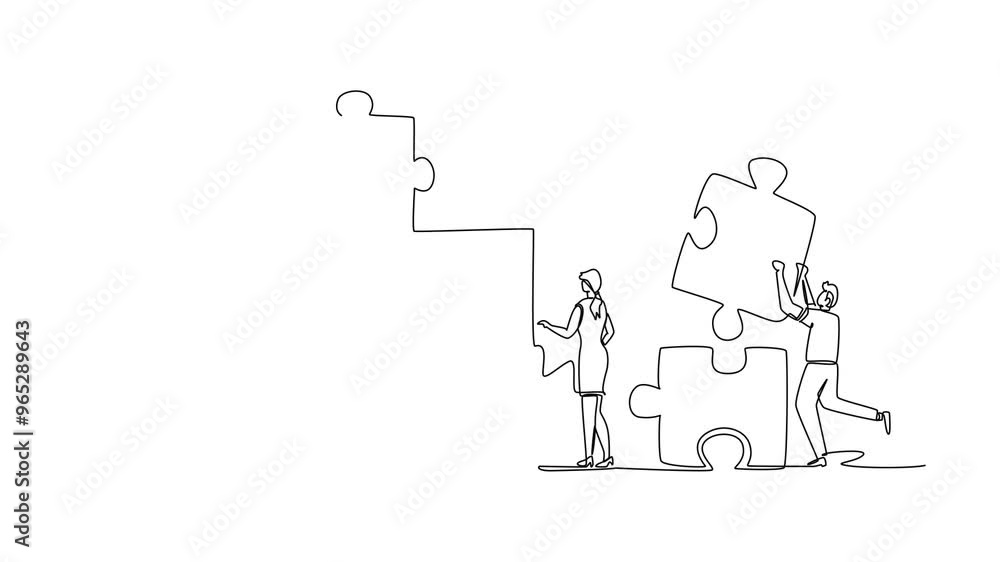 Aufkleber animated self drawing of continuous line draw group of success business people arrange puzzle pieces