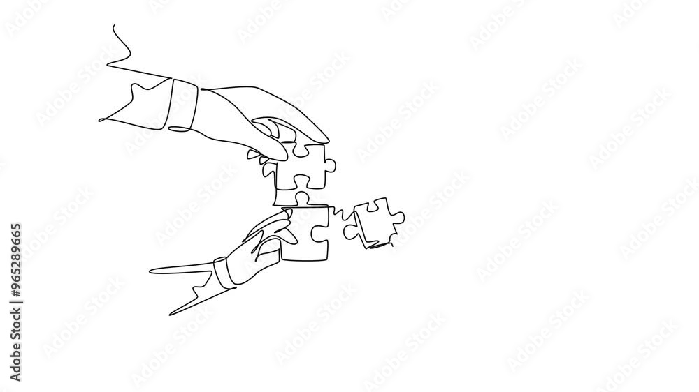 Aufkleber animated self drawing of continuous line draw of business team members unite puzzle pieces together 