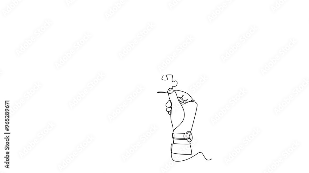 Aufkleber animated self drawing of continuous line draw human hands connect two parts of puzzle jigsaw togethe