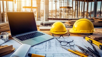 At a construction site, a workspace displays yellow hard hats, glasses, and drafting tools on a desk, complemented by architectural blueprints and a laptop.
