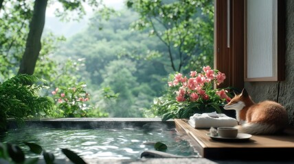 A fox relaxing in a luxurious spa set in a serene forest, surrounded by exotic flowers, soothing steam, and elegant amenities.