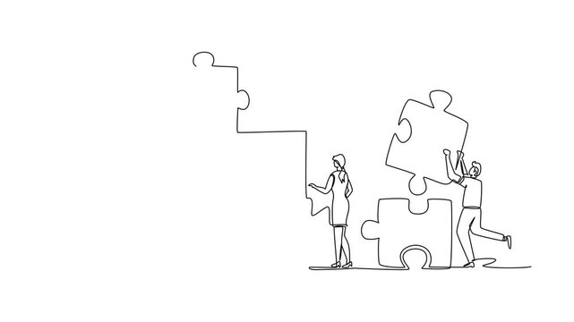 Animated self drawing of continuous line draw group of success business people arrange puzzle pieces to build strong building. Collaboration business teamwork concept. Full length one line animation