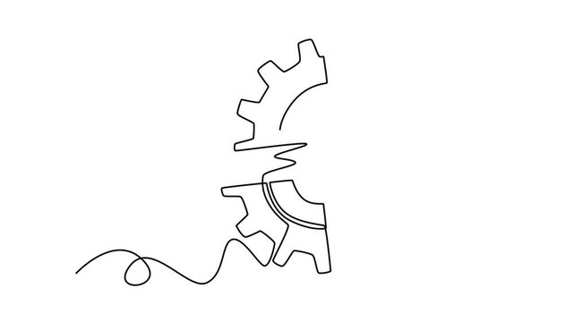 Animated self drawing of continuous line draw gear from puzzle jigsaw pieces logo icon. Business creativity, teamwork, partnership, collaboration and success concept. Full length single line animation