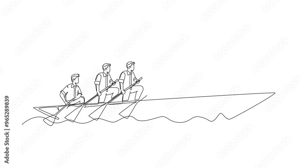 Aufkleber self drawing animation of single line draw group of male team member take boat heading to an island 