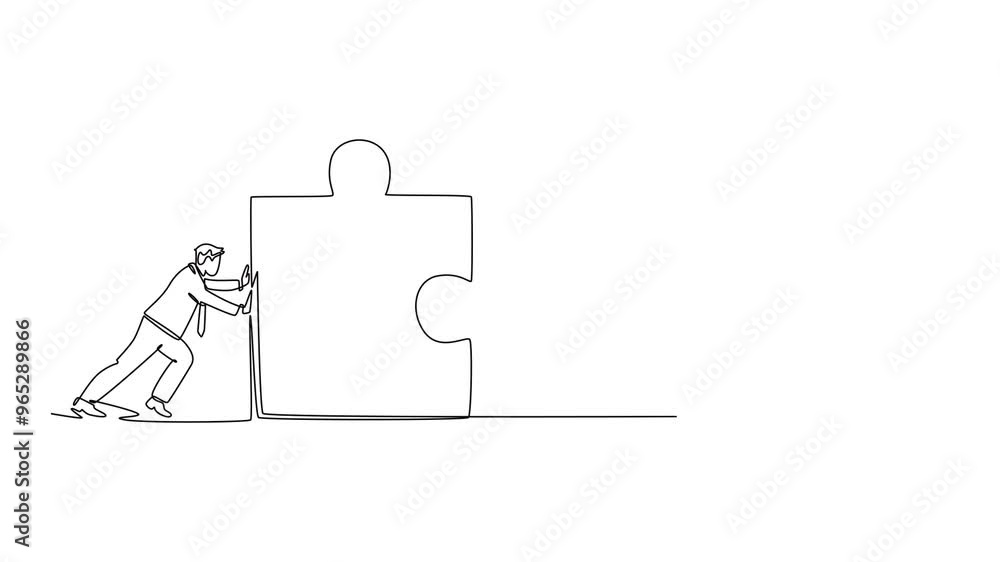 Aufkleber self drawing animation of single line draw two connected businessmen push puzzle pieces to unite it.