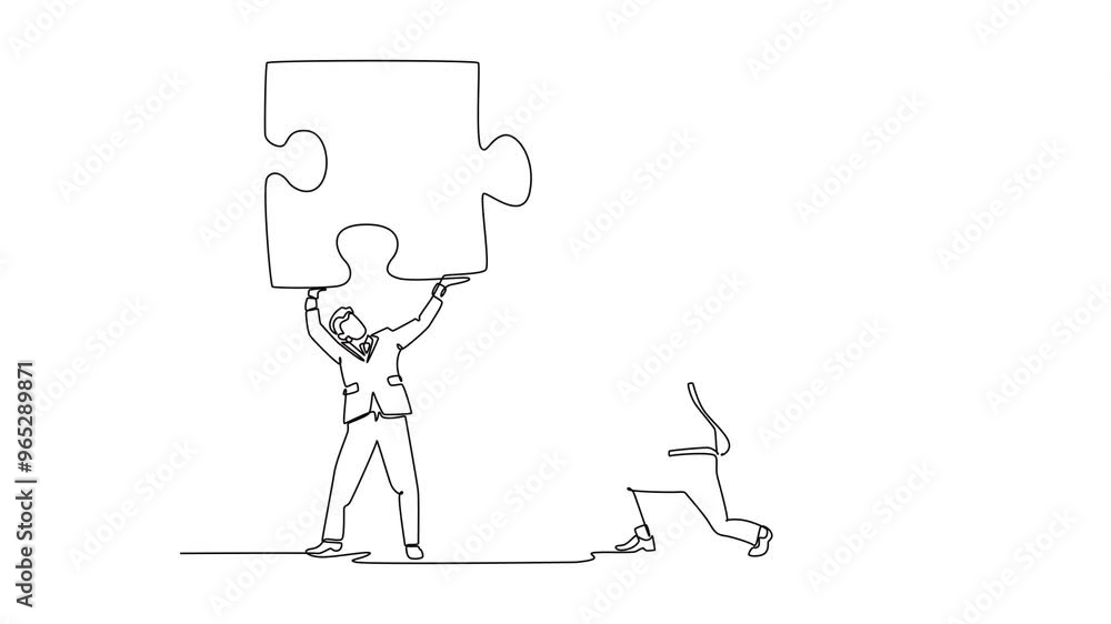 Aufkleber animated self drawing of continuous line draw businessman partner connect jigsaw puzzle. partnership