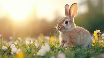 Fototapeta premium A fluffy rabbit hopping through a vibrant flower meadow at sunrise, with petals scattered around and soft golden light casting a warm glow.
