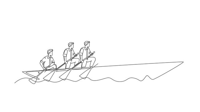 Self drawing animation of single line draw group of male team member take boat heading to an island while leader navigate using binocular. Teamwork concept. Continuous line draw. Full length animated