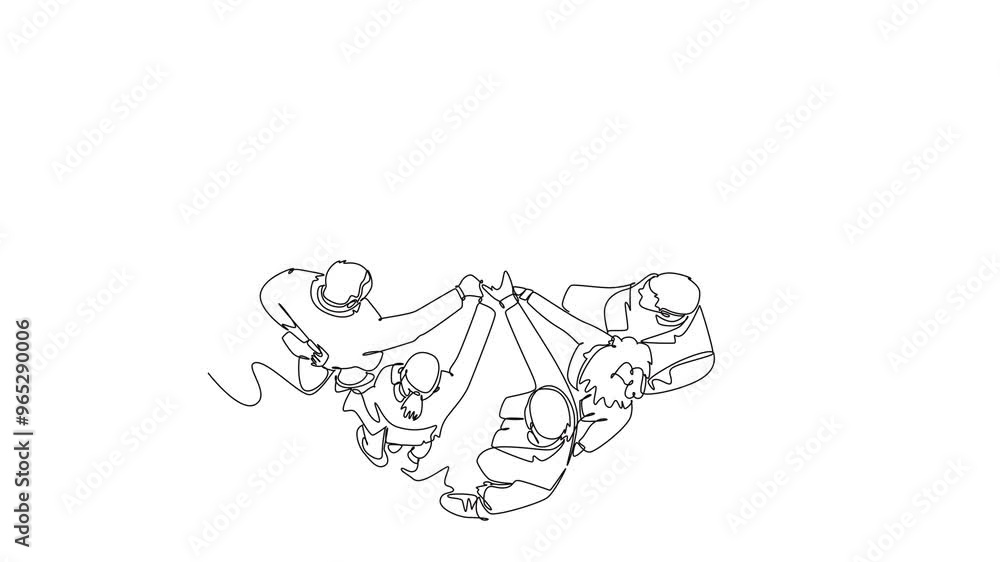 Aufkleber animated self drawing of continuous line draw top view of group young happy business people unite th