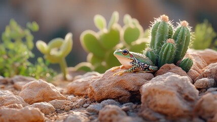 Obraz premium Frog in a desert with cacti and hidden oases, creating a striking contrast and unique landscape.