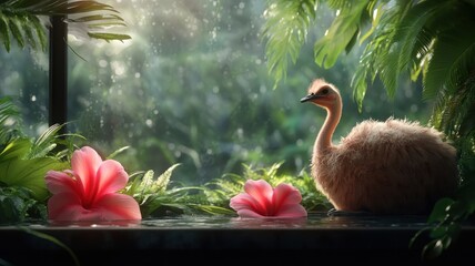 Obraz premium Ostrich in a spa with tropical flowers and lush vegetation, relaxing in a serene, luxurious setting.