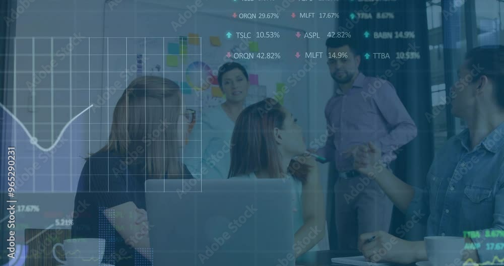 Poster animation of financial data processing over diverse colleagues discussing work in office