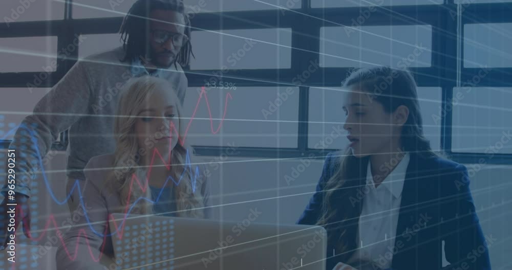 Poster animation of financial data processing over diverse colleagues discussing work in office