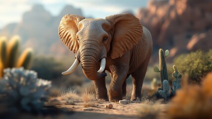 Fototapeta premium An elephant in a desert with a lush garden and cacti, creating a striking contrast between arid and verdant elements.