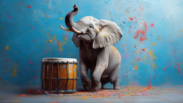 An elephant drumming rhythmically with its trunk, surrounded by vibrant, energetic colors and dynamic movement.