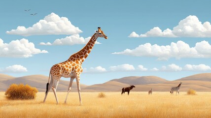 Obraz premium A giraffe drumming with its long legs in a savannah, surrounded by golden grass and wildlife, in a playful scene.