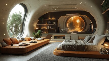 Fototapeta premium Futuristic home theater with holographic concert and cosmic view in a stylish living space
