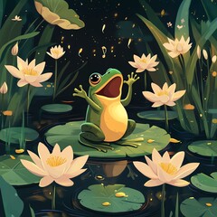 A cheerful frog joyfully sings on a lily pad surrounded by beautiful water lilies under a starry night sky.