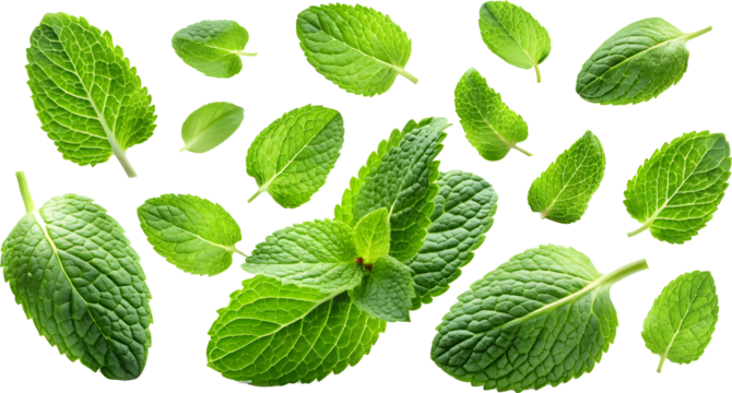 Mint leaves flying in air isolated