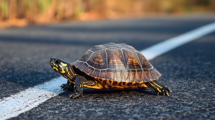 Obraz premium Closeup of a turtle crossing a road, showcasing the slow, deliberate movement against the urban environment.