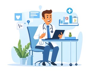 Doctor using laptop in office.