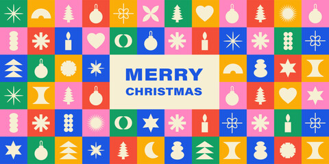 Merry Christmas colorful geometrical banner in modern design. Horizontal background. Blue, green, red, pink and yellow colors. Vector illustration