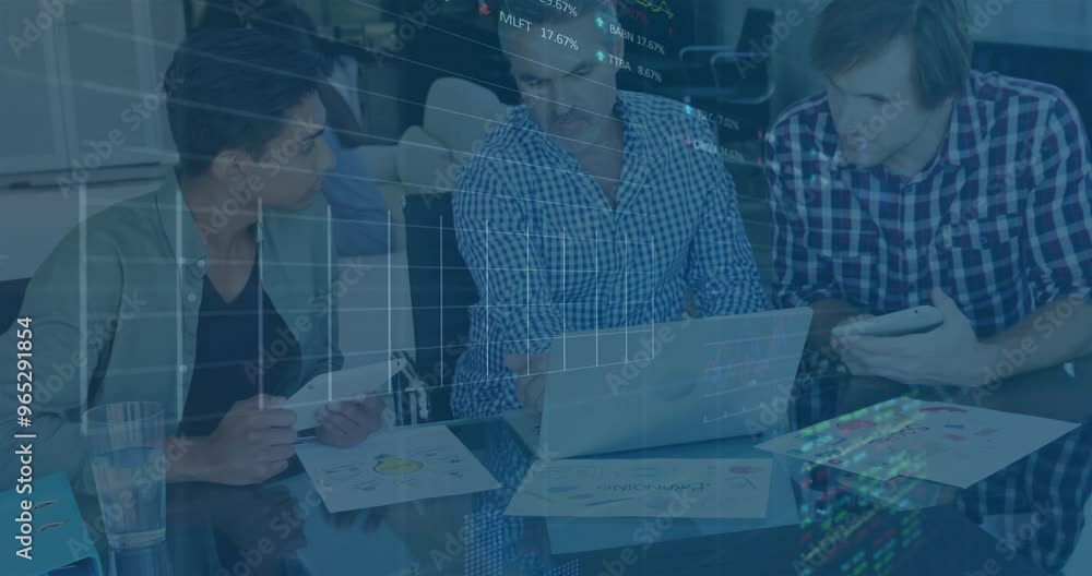 Poster animation of financial data processing over diverse colleagues discussing work in office