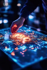 A neon-lit hologram simulating a virtual battlefield, used in a high-tech command center for strategic planning.